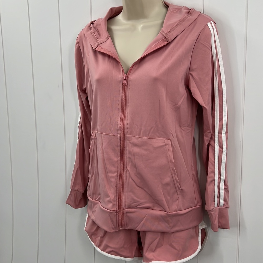 πLydaa Athletic Jacket & Short Set Pink & White W/Pockets & Stripes S,M,L & XL - Picture 3 of 10